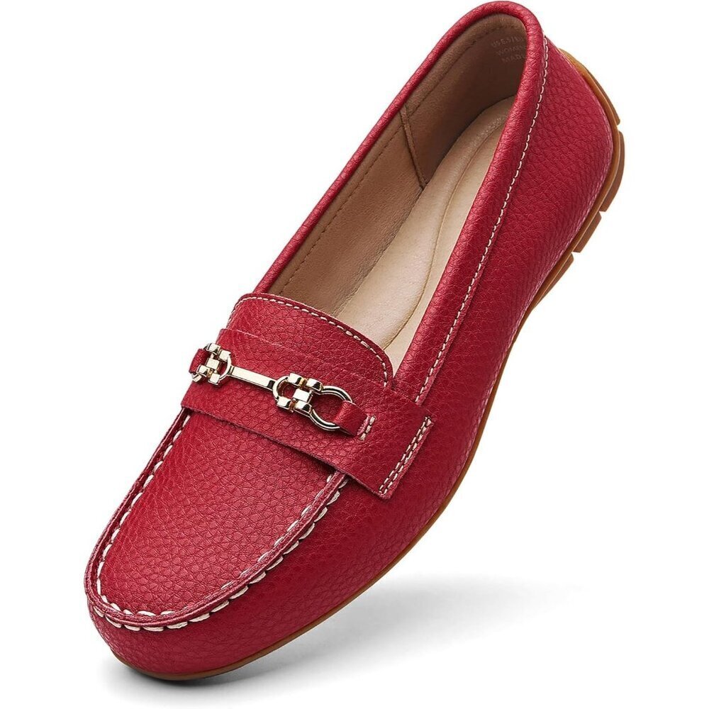 Kordal Women's Red Leather Gold Accent Buckle Slip-Ons Walking Flats Loafers